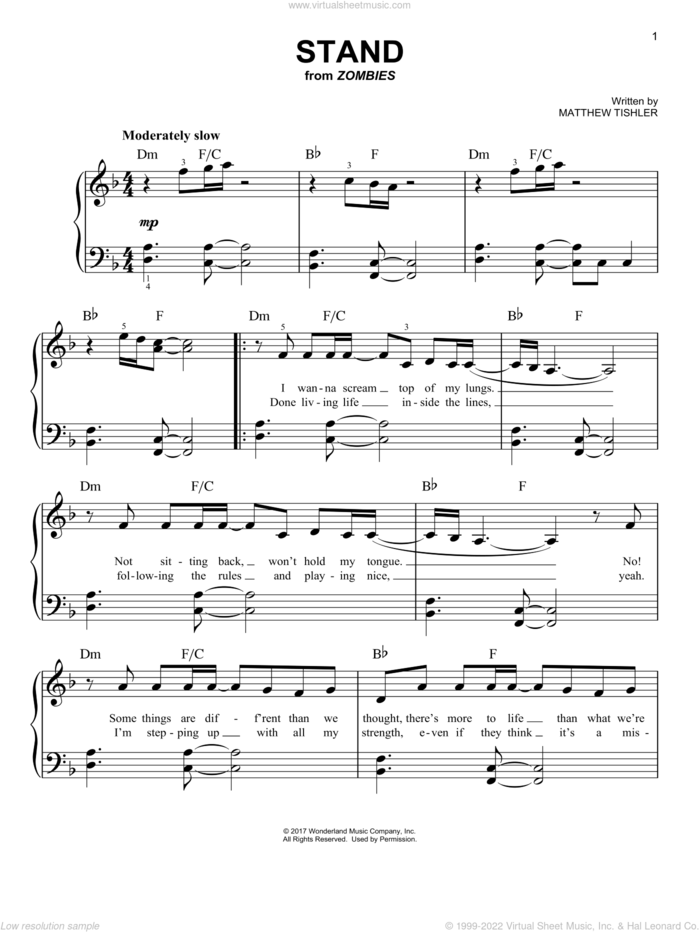 Stand (from Disney's Zombies) sheet music for piano solo by Matthew Tichler, easy skill level