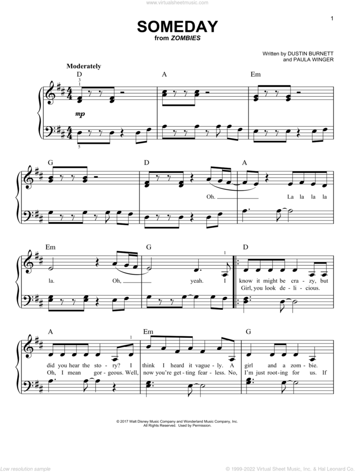 Someday (from Disney's Zombies) sheet music for piano solo by Dustin Burnett and Paula Winger, easy skill level