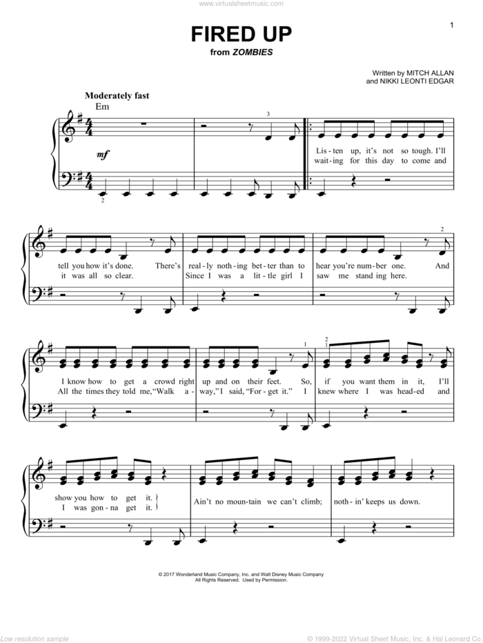 Fired Up (from Disney's Zombies) sheet music for piano solo by Mitch Allan and Nikki Leonti Edgar, easy skill level