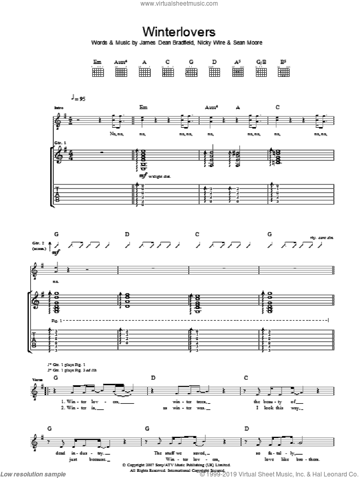 Winterlovers sheet music for guitar (tablature) by Manic Street Preachers, James Dean Bradfield, Nicky Wire and Sean Moore, intermediate skill level
