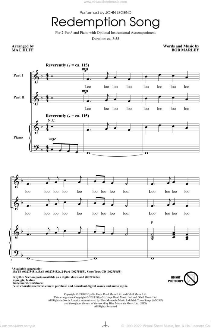 Redemption Song sheet music for choir (2-Part) by Bob Marley, Mac Huff, John Legend and Rihanna, intermediate duet