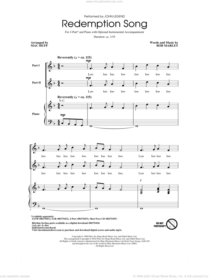 Redemption Song sheet music for choir (2-Part) by Bob Marley, Mac Huff, John Legend and Rihanna, intermediate duet