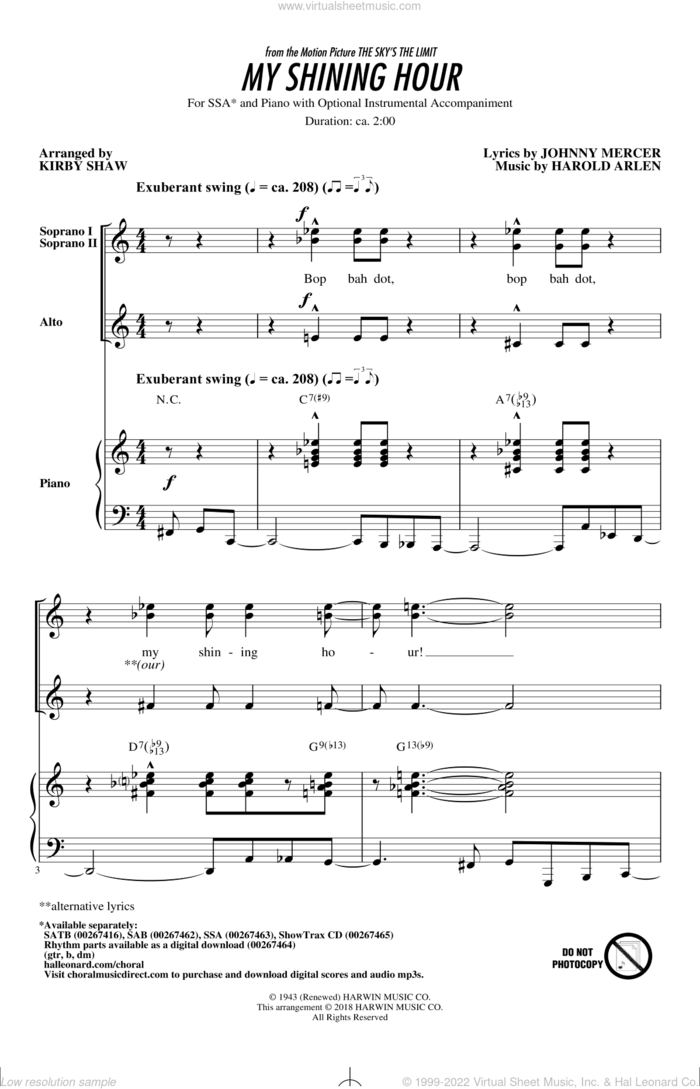 My Shining Hour sheet music for choir (SSA: soprano, alto) by Johnny Mercer, Kirby Shaw and Harold Arlen, intermediate skill level