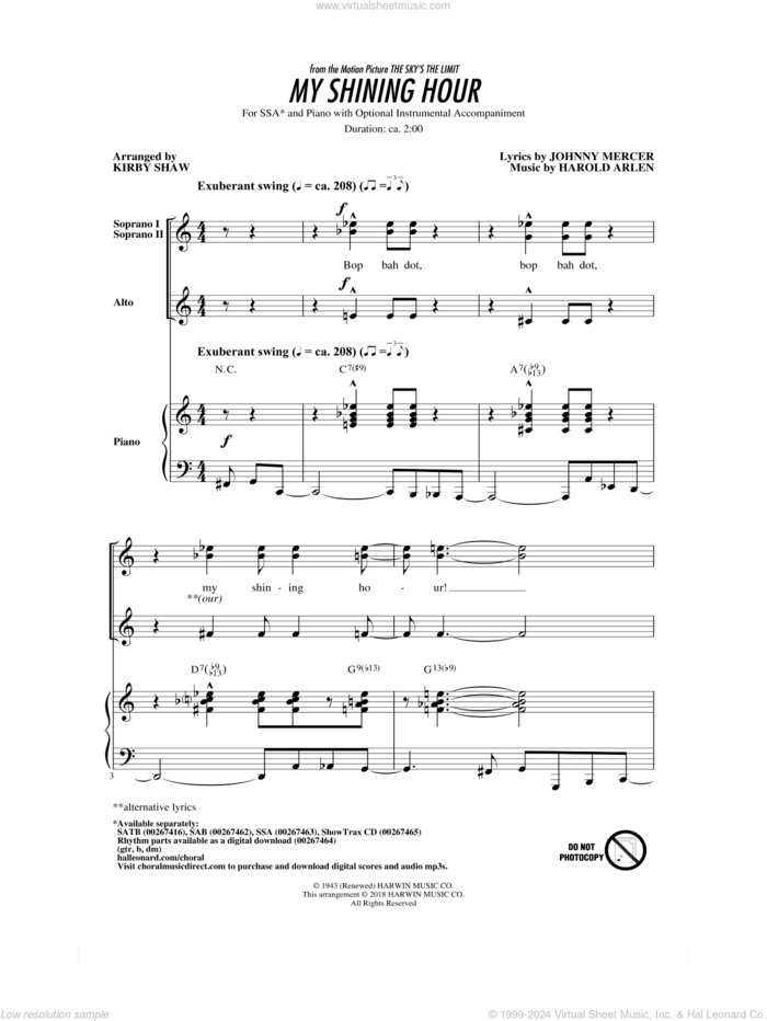 My Shining Hour sheet music for choir (SSA: soprano, alto) by Johnny Mercer, Kirby Shaw and Harold Arlen, intermediate skill level