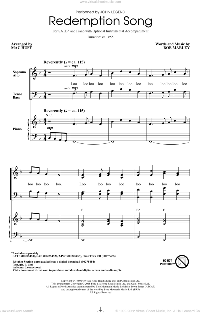 Redemption Song sheet music for choir (SATB: soprano, alto, tenor, bass) by Bob Marley, Mac Huff, John Legend and Rihanna, intermediate skill level