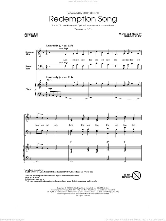 Redemption Song sheet music for choir (SATB: soprano, alto, tenor, bass) by Bob Marley, Mac Huff, John Legend and Rihanna, intermediate skill level