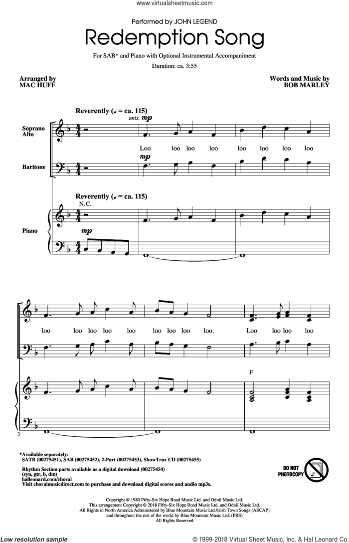Redemption Song sheet music for choir (SAB: soprano, alto, bass) by Bob Marley, Mac Huff, John Legend and Rihanna, intermediate skill level