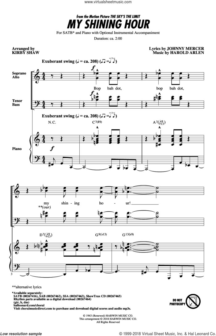 My Shining Hour sheet music for choir (SATB: soprano, alto, tenor, bass) by Johnny Mercer, Kirby Shaw and Harold Arlen, intermediate skill level