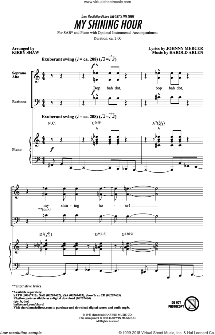 My Shining Hour sheet music for choir (SAB: soprano, alto, bass) by Johnny Mercer, Kirby Shaw and Harold Arlen, intermediate skill level