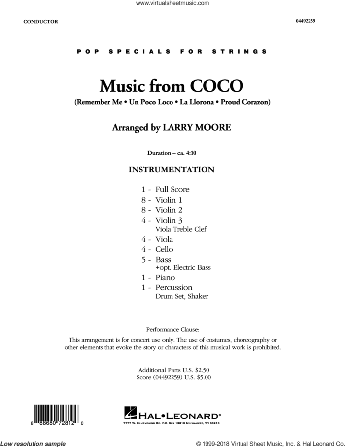 Music from Coco (COMPLETE) sheet music for orchestra by Michael Giacchino and Larry Moore, intermediate skill level
