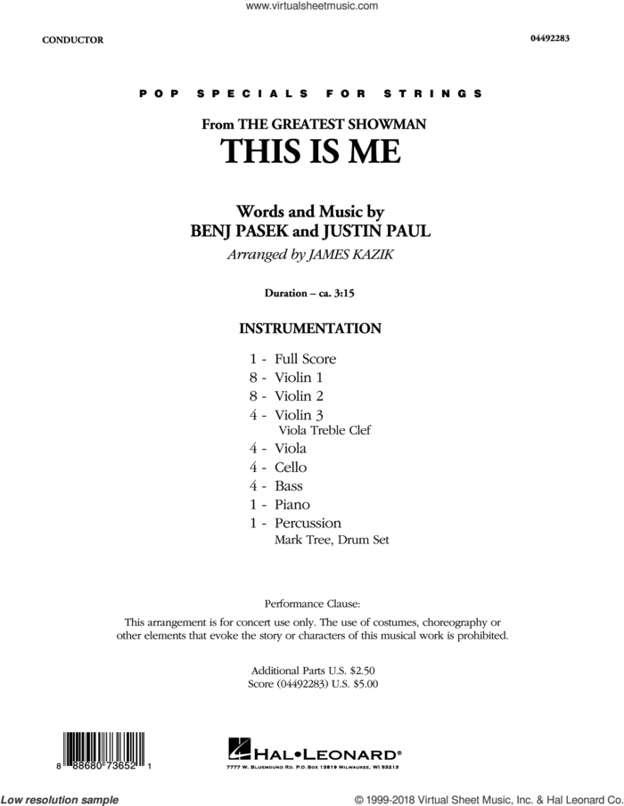 This Is Me (from The Greatest Showman) (COMPLETE) sheet music for orchestra by James Kazik, Benj Pasek and Justin Paul, intermediate skill level