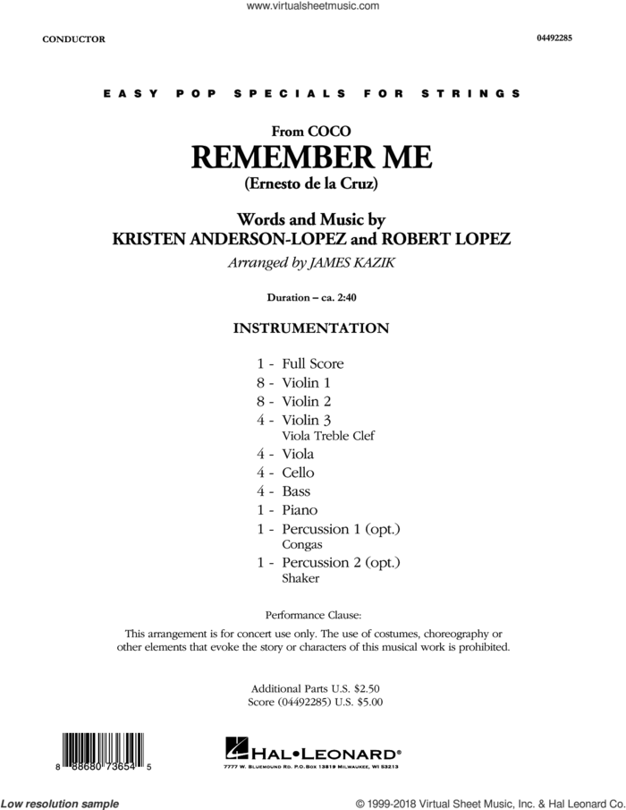 Remember Me (from Coco) (arr. James Kazik) (COMPLETE) sheet music for orchestra by Robert Lopez, James Kazik, Kristen Anderson-Lopez and Kristen Anderson-Lopez & Robert Lopez, intermediate skill level