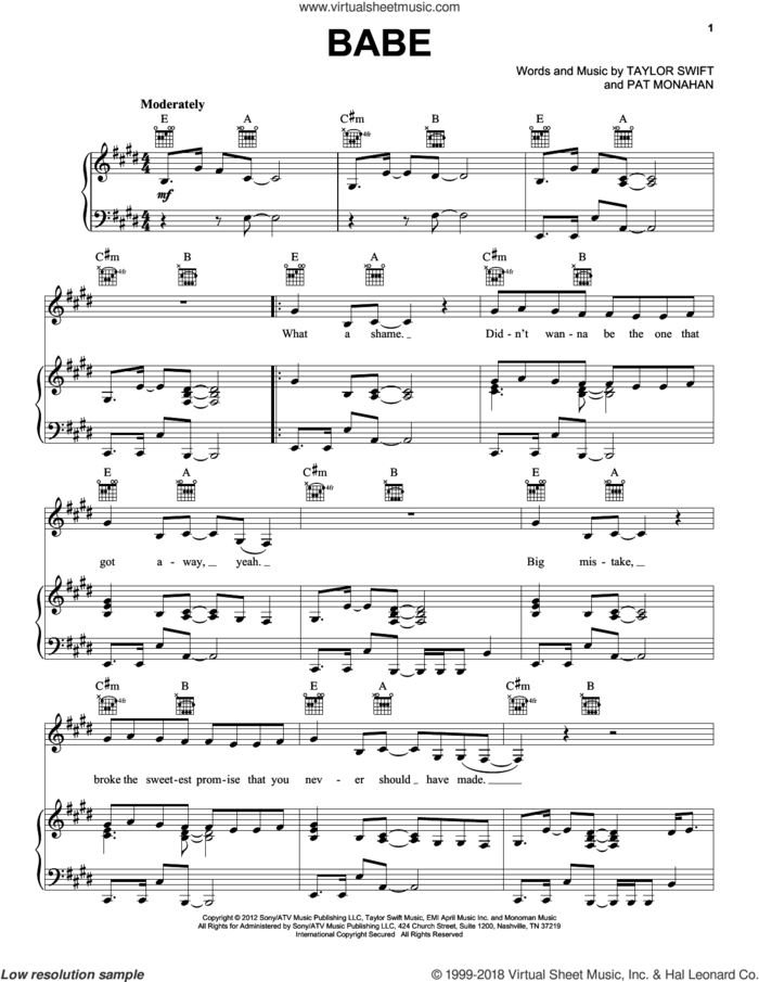 Babe sheet music for voice, piano or guitar by Sugarland feat. Taylor Swift, Sugarland, Pat Monahan and Taylor Swift, intermediate skill level