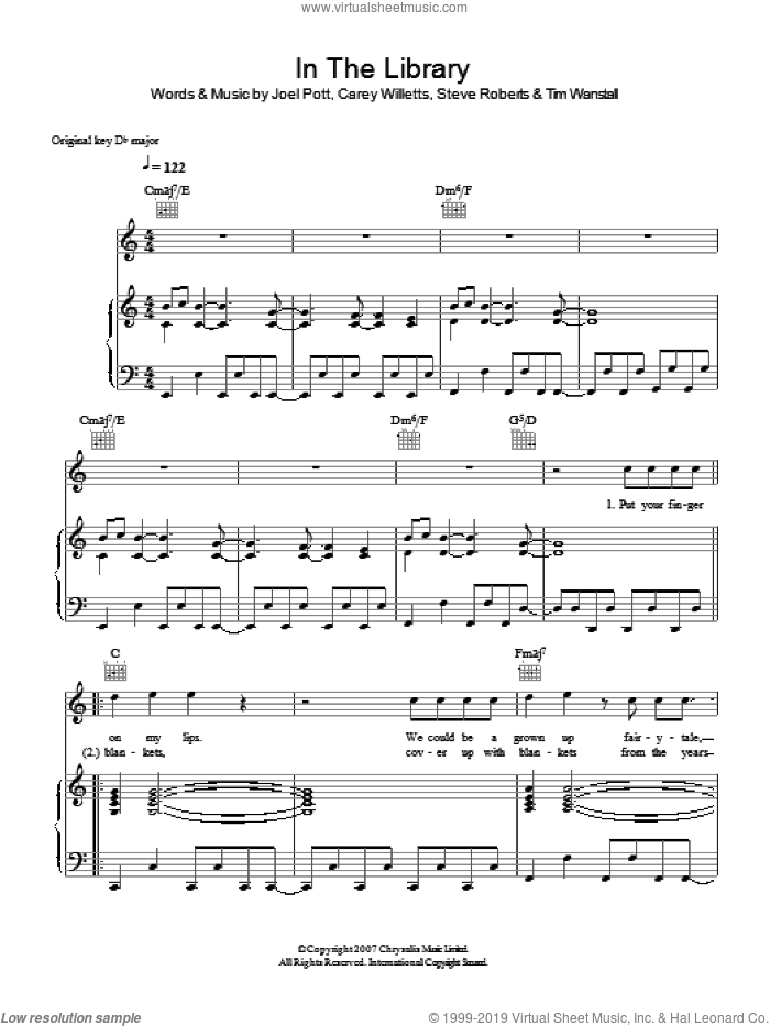 In The Library sheet music for voice, piano or guitar by Athlete, Carey Willetts, Joel Pott, Steve Roberts and Tim Wanstall, intermediate skill level