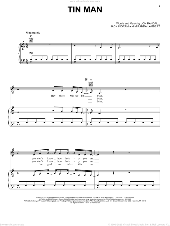 Tin Man sheet music for voice, piano or guitar by Miranda Lambert, Jack Ingram and Jon Randall, intermediate skill level