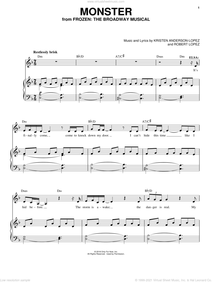 Monster sheet music for voice and piano by Robert Lopez, Kristen Anderson-Lopez and Kristen Anderson-Lopez & Robert Lopez, intermediate skill level
