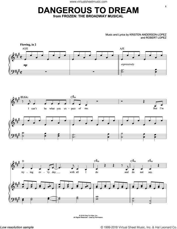 Dangerous To Dream (from Frozen: The Broadway Musical) sheet music for voice and piano by Robert Lopez, Kristen Anderson-Lopez and Kristen Anderson-Lopez & Robert Lopez, intermediate skill level