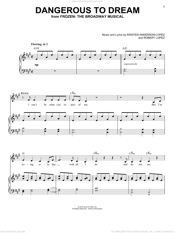 Dangerous To Dream (from Frozen: The Broadway Musical) sheet music for voice and piano by Robert Lopez, Kristen Anderson-Lopez and Kristen Anderson-Lopez & Robert Lopez, intermediate skill level