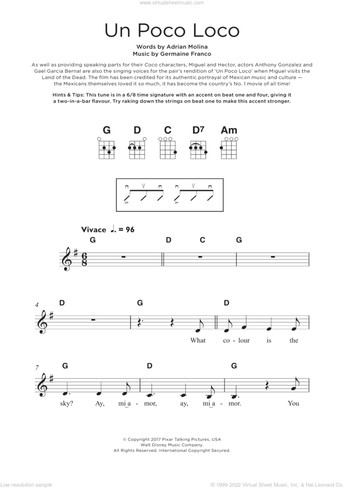 Un Poco Loco (from Coco) sheet music for ukulele by Adrian Molina, Germaine Franco and Germaine Franco & Adrian Molina, intermediate skill level