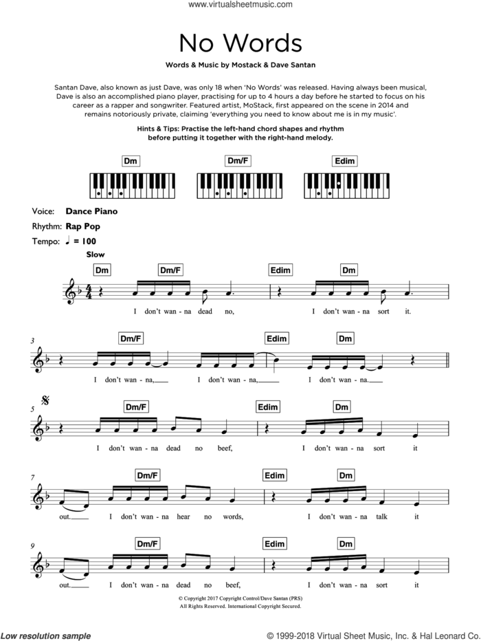 No Words (featuring MoStack) sheet music for piano solo (keyboard) by Dave, Dave Santan and MoStack, intermediate piano (keyboard)