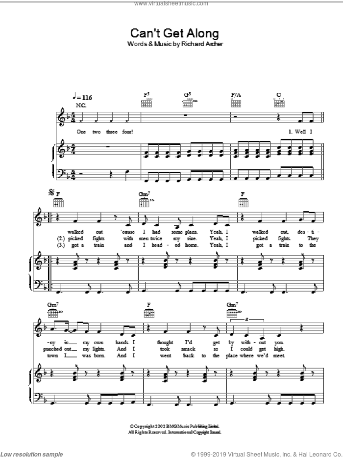 Can't Get Along (Without You) sheet music for voice, piano or guitar by Hard-Fi and Richard Archer, intermediate skill level
