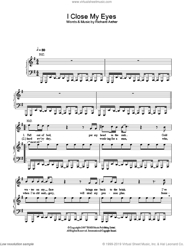 I Close My Eyes sheet music for voice, piano or guitar by Hard-Fi and Richard Archer, intermediate skill level