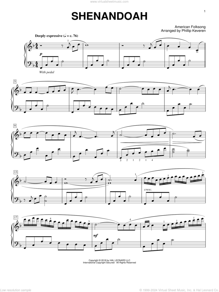 Shenandoah [Classical version] (arr. Phillip Keveren) sheet music for piano solo by American Folksong and Phillip Keveren, intermediate skill level