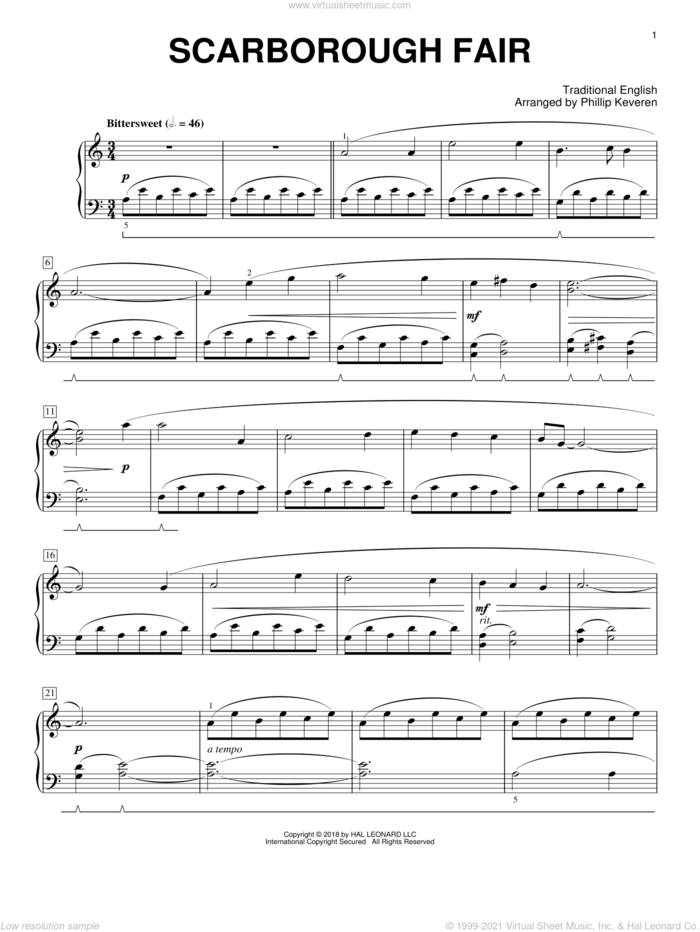 Scarborough Fair [Classical version] (arr. Phillip Keveren) sheet music for piano solo by Phillip Keveren and Miscellaneous, intermediate skill level
