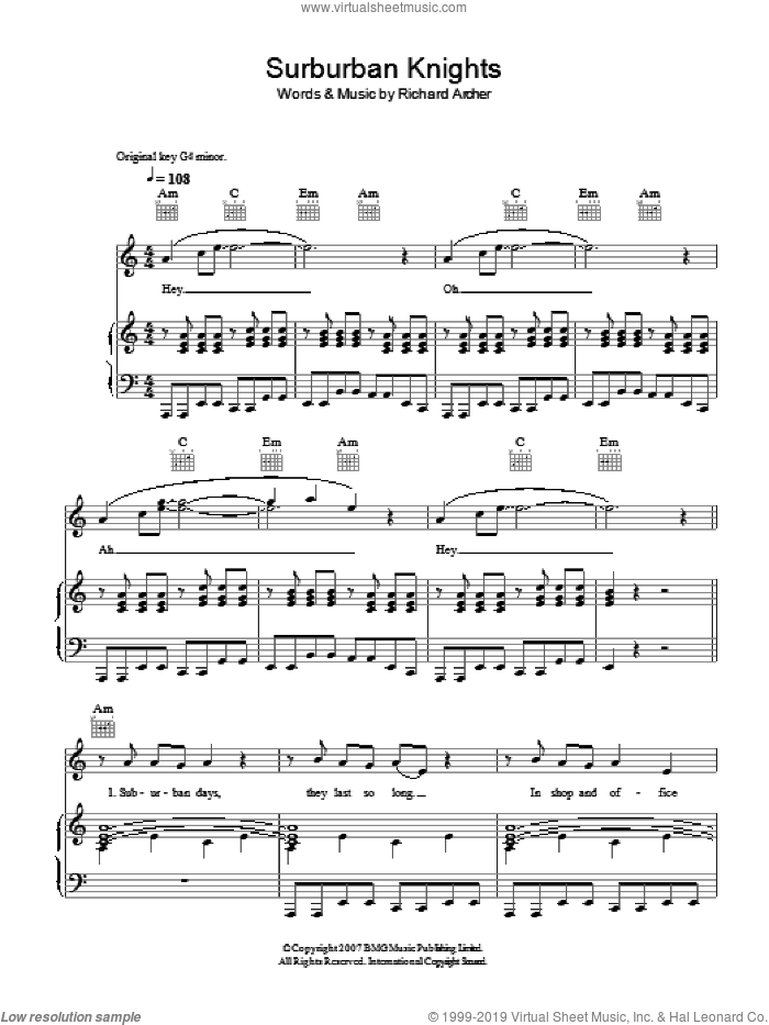 Suburban Knights sheet music for voice, piano or guitar by Hard-Fi and Richard Archer, intermediate skill level