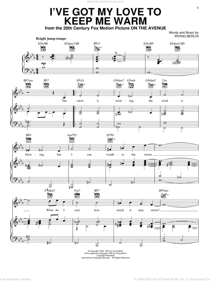 I've Got My Love To Keep Me Warm sheet music for voice, piano or guitar by Irving Berlin, Frank Sinatra and White Christmas (Musical), intermediate skill level