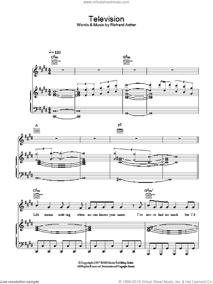 Television sheet music for voice, piano or guitar by Hard-Fi and Richard Archer, intermediate skill level