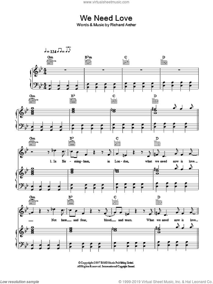 We Need Love sheet music for voice, piano or guitar by Hard-Fi and Richard Archer, intermediate skill level