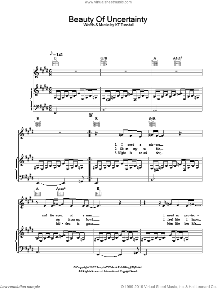 Beauty Of Uncertainty sheet music for voice, piano or guitar by KT Tunstall, intermediate skill level
