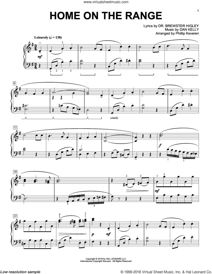 Home On The Range [Classical version] (arr. Phillip Keveren), (intermediate) sheet music for piano solo by Dan Kelly, Phillip Keveren and Dr. Brewster Higley, intermediate skill level