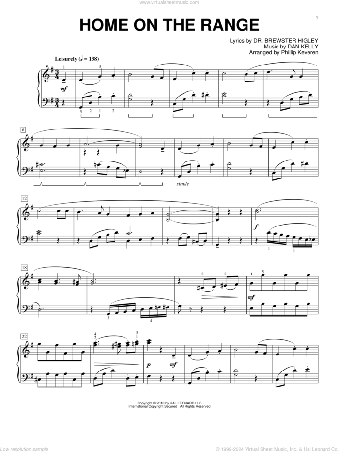 Home On The Range [Classical version] (arr. Phillip Keveren), (intermediate) sheet music for piano solo by Dan Kelly, Phillip Keveren and Dr. Brewster Higley, intermediate skill level