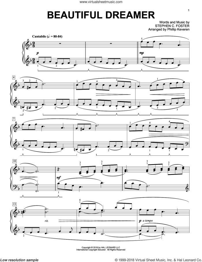 Beautiful Dreamer [Classical version] (arr. Phillip Keveren) sheet music for piano solo by Stephen Foster and Phillip Keveren, intermediate skill level