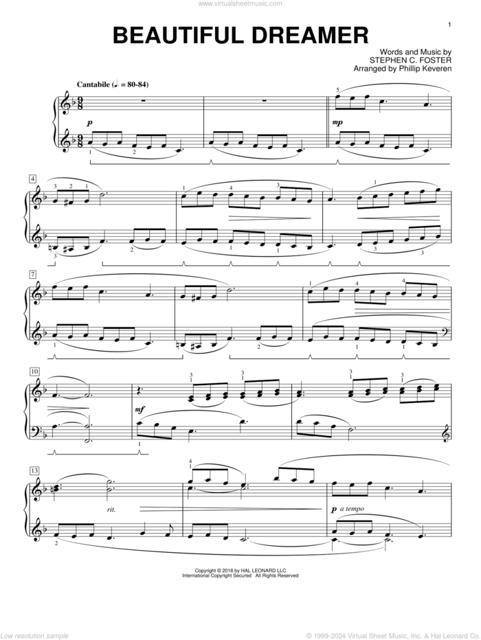 Beautiful Dreamer [Classical version] (arr. Phillip Keveren) sheet music for piano solo by Stephen Foster and Phillip Keveren, intermediate skill level