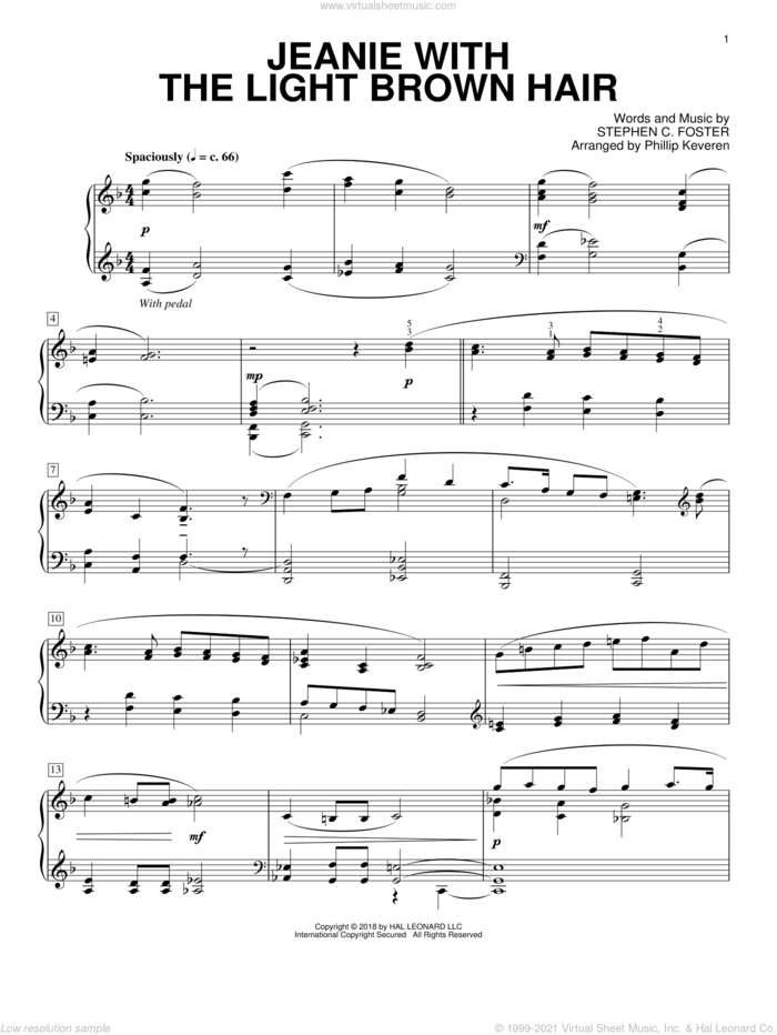 Jeanie With The Light Brown Hair [Classical version] (arr. Phillip Keveren) sheet music for piano solo by Stephen Foster and Phillip Keveren, intermediate skill level