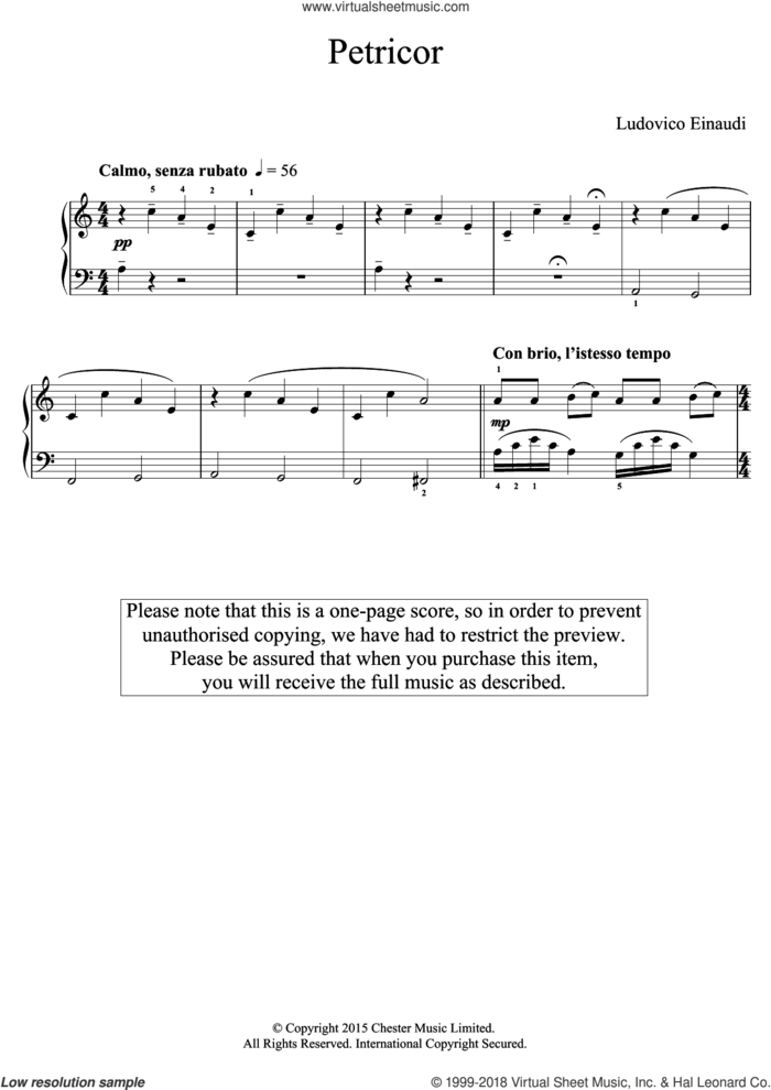 Petricor (abridged) sheet music for piano solo (elementary) by Ludovico Einaudi, classical score, beginner piano (elementary)