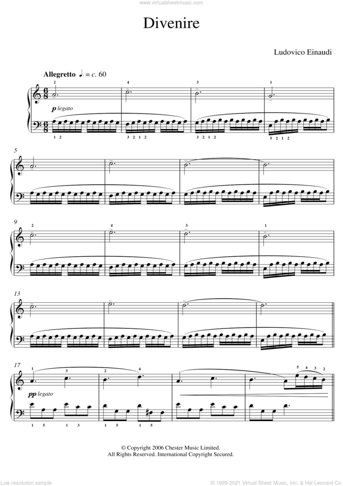 Divenire sheet music for piano solo (elementary) by Ludovico Einaudi, classical score, beginner piano (elementary)