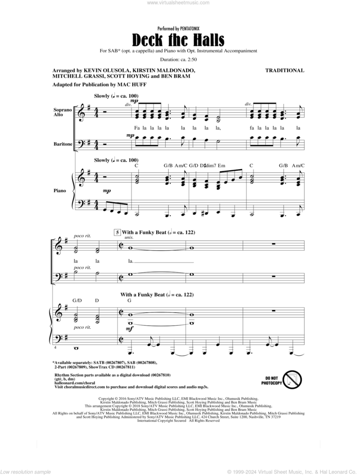 Deck The Halls (arr. Mac Huff) sheet music for choir (SAB: soprano, alto, bass) by Ben Bram, Mac Huff, Pentatonix, Kevin Olusola, Kirstin Maldonado, Mitchell Grassi and Scott Hoying, intermediate skill level