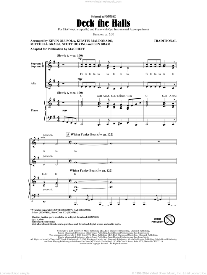 Deck The Halls (arr. Mac Huff) sheet music for choir (SSA: soprano, alto) by Mac Huff, Pentatonix, Ben Bram, Kevin Olusola, Kirstin Maldonado, Miscellaneous, Mitchell Grassi and Scott Hoying, intermediate skill level