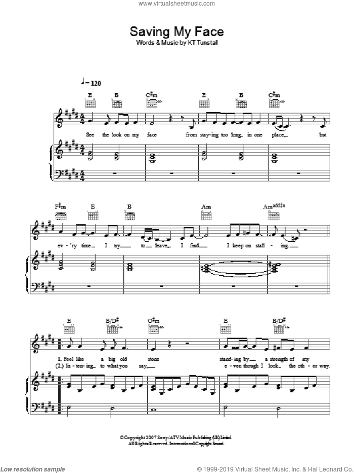 Saving My Face sheet music for voice, piano or guitar by KT Tunstall, intermediate skill level