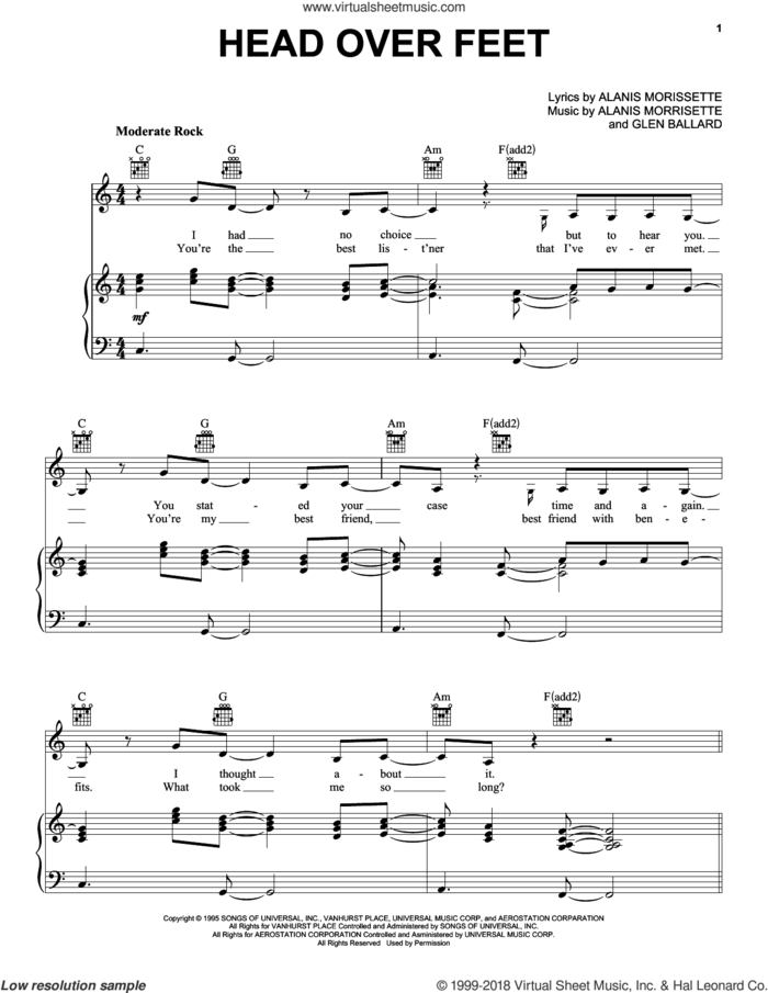 Head Over Feet sheet music for voice, piano or guitar by Alanis Morissette and Glen Ballard, intermediate skill level