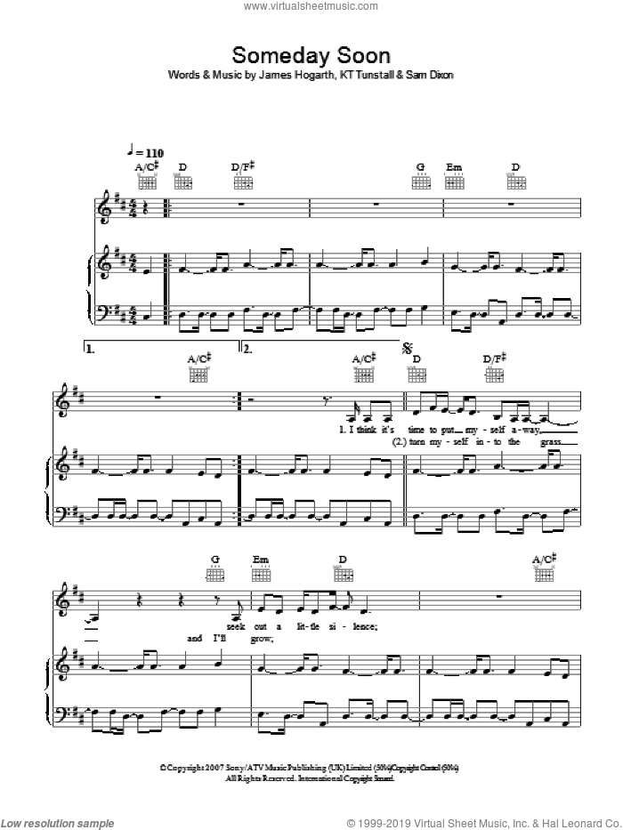 Someday Soon sheet music for voice, piano or guitar by KT Tunstall, James Hogarth and Sam Dixon, intermediate skill level