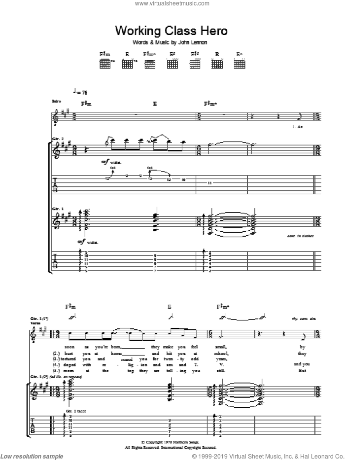 Working Class Hero sheet music for guitar (tablature) by Manic Street Preachers and John Lennon, intermediate skill level