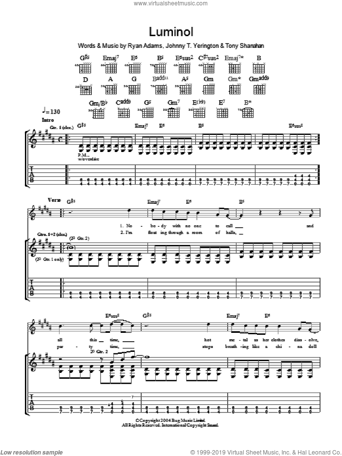 Luminol sheet music for guitar (tablature) by Ryan Adams, Johnny T. Yerington and Tony Shanahan, intermediate skill level