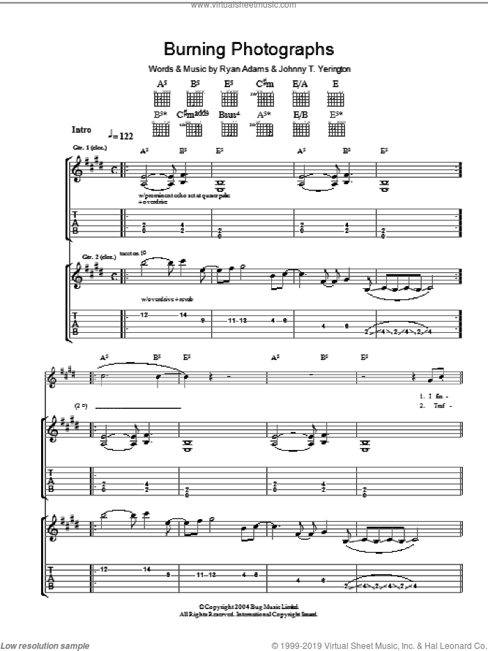 Burning Photographs sheet music for guitar (tablature) by Ryan Adams and Johnny T. Yerington, intermediate skill level