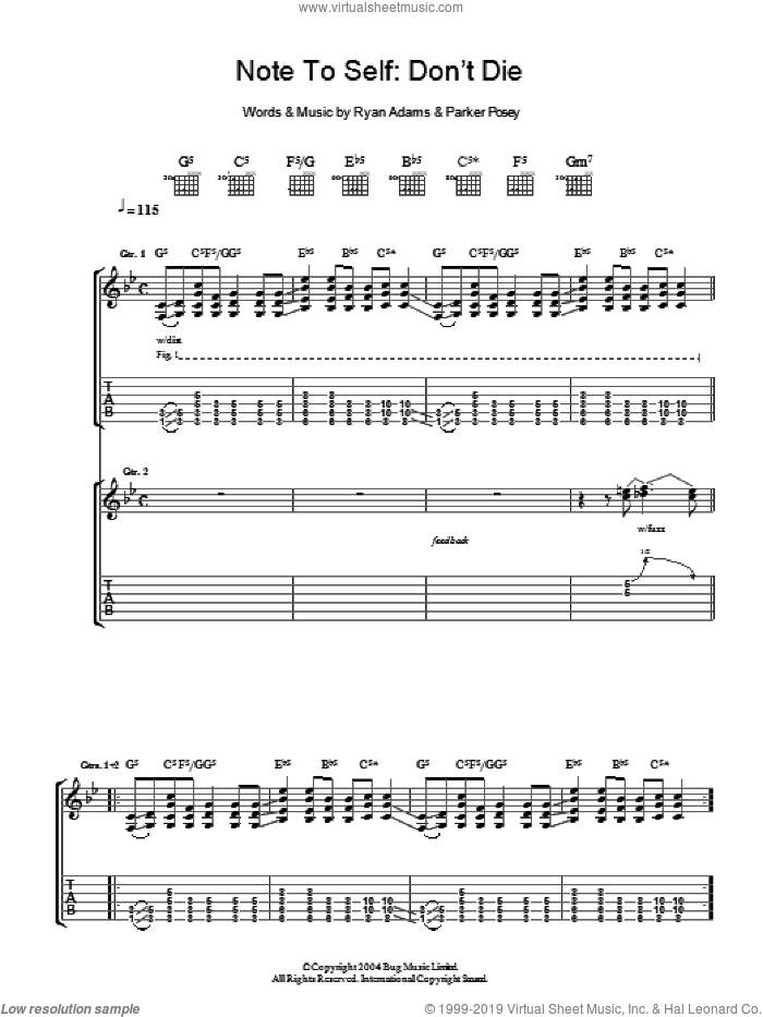Note To Self: Don't Die sheet music for guitar (tablature) by Ryan Adams, intermediate skill level