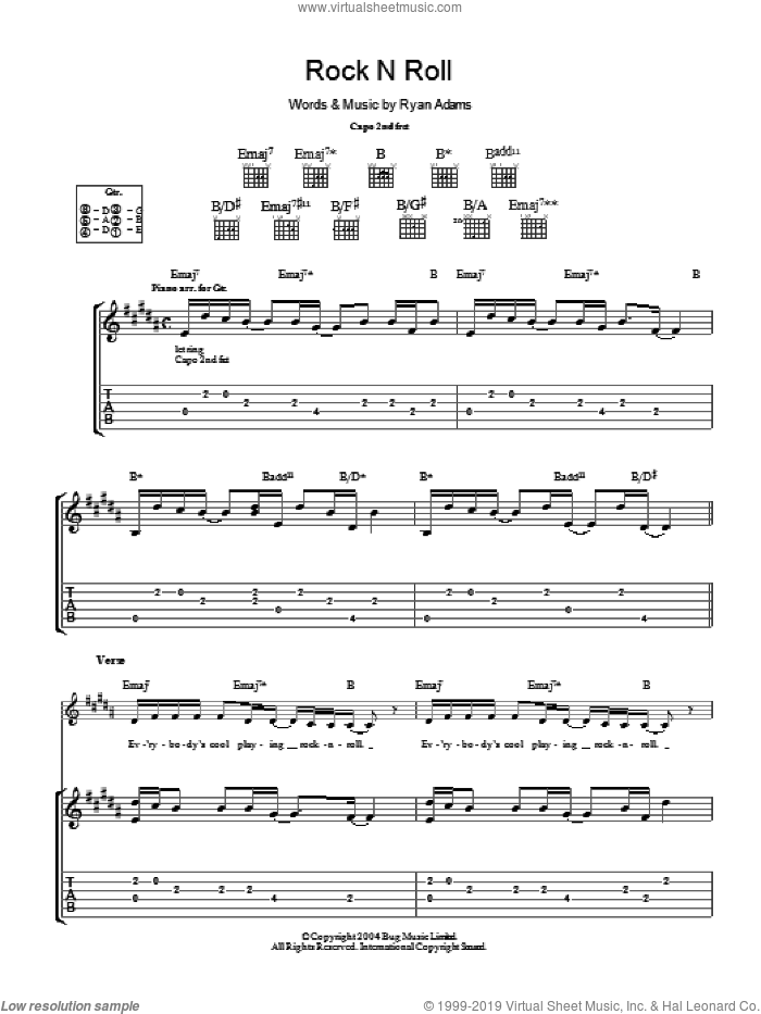 Rock 'N Roll sheet music for guitar (tablature) by Ryan Adams, intermediate skill level